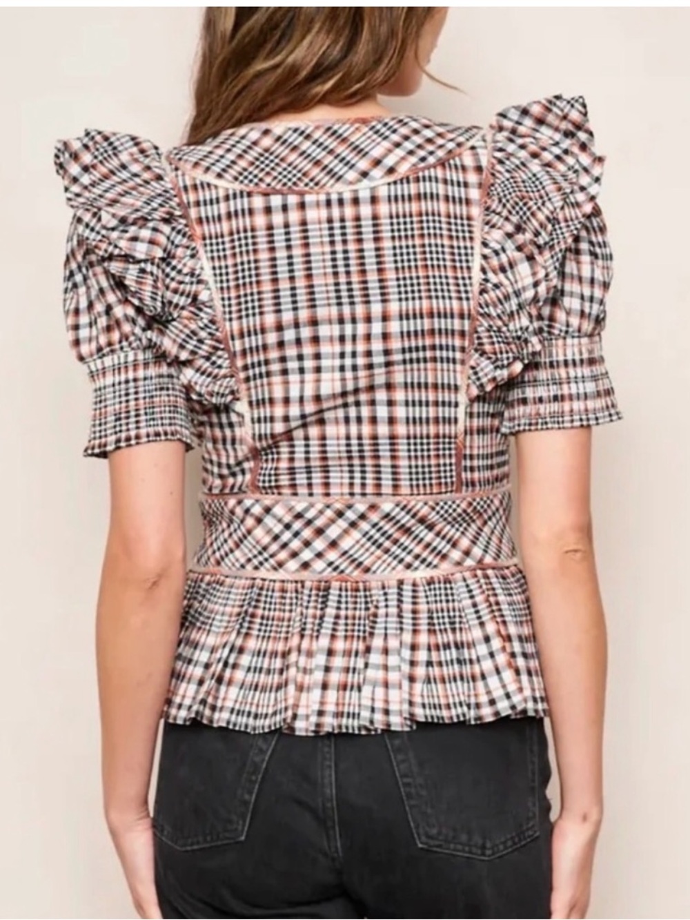 dRA Clothing Zoe Top Peplum Autumn Madres Plaid Blouse - Picture 2 of 11